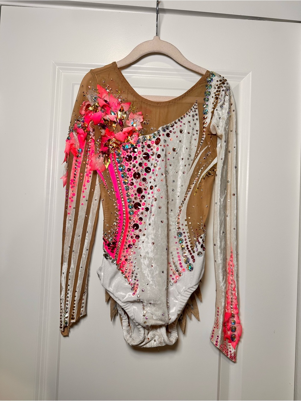 Rhinestone Performance Leotard with Neon Pink Feather Accents